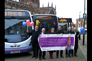 Rotherham Bus Partnership – Group Pic: Left - Right: Phil Stockley, TM Travel; John Young, Stagecoach; Cllr Maggie Godfrey, Rotherham Borough Council; David Young, South Yorkshire Passenger Transport Executive;  Ben Gilligan – First South Yorkshire; Ian Ashmore, Rotherham Borough Council